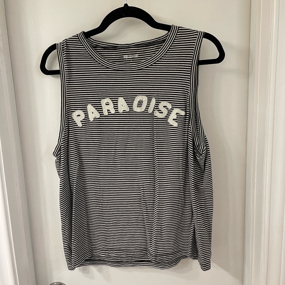 Madewell PARADISE tank. Black and white striped high neck tank.